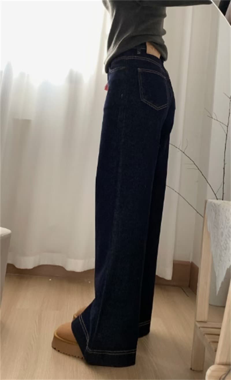 작은 키 단 닝 블루 루즈핏 넓은 다리 청바지 여성 하이웨이스트 슬림해 보이는 도루 센스 부츠컷 바닥 청소 긴 바지 이미지 3