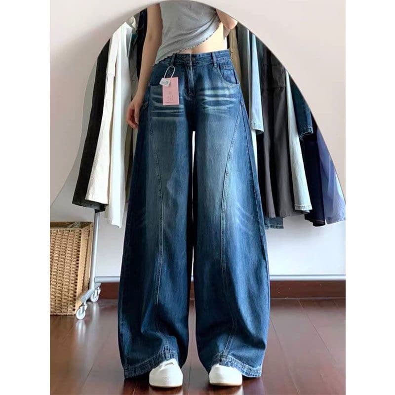 작은 키 아메리칸 높음 거리 워싱 넓은 다리 청바지 여성 가을 하이웨이스트 루즈핏 도루 센스 스트레이트 바닥 청소 바지 상세 이미지 2