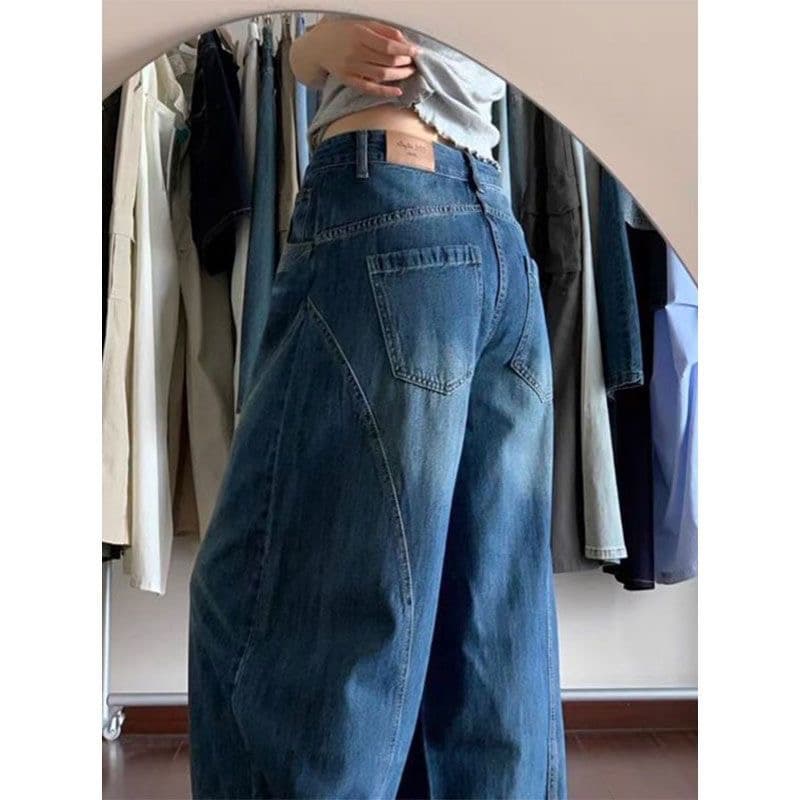 작은 키 아메리칸 높음 거리 워싱 넓은 다리 청바지 여성 가을 하이웨이스트 루즈핏 도루 센스 스트레이트 바닥 청소 바지 상세 이미지 6