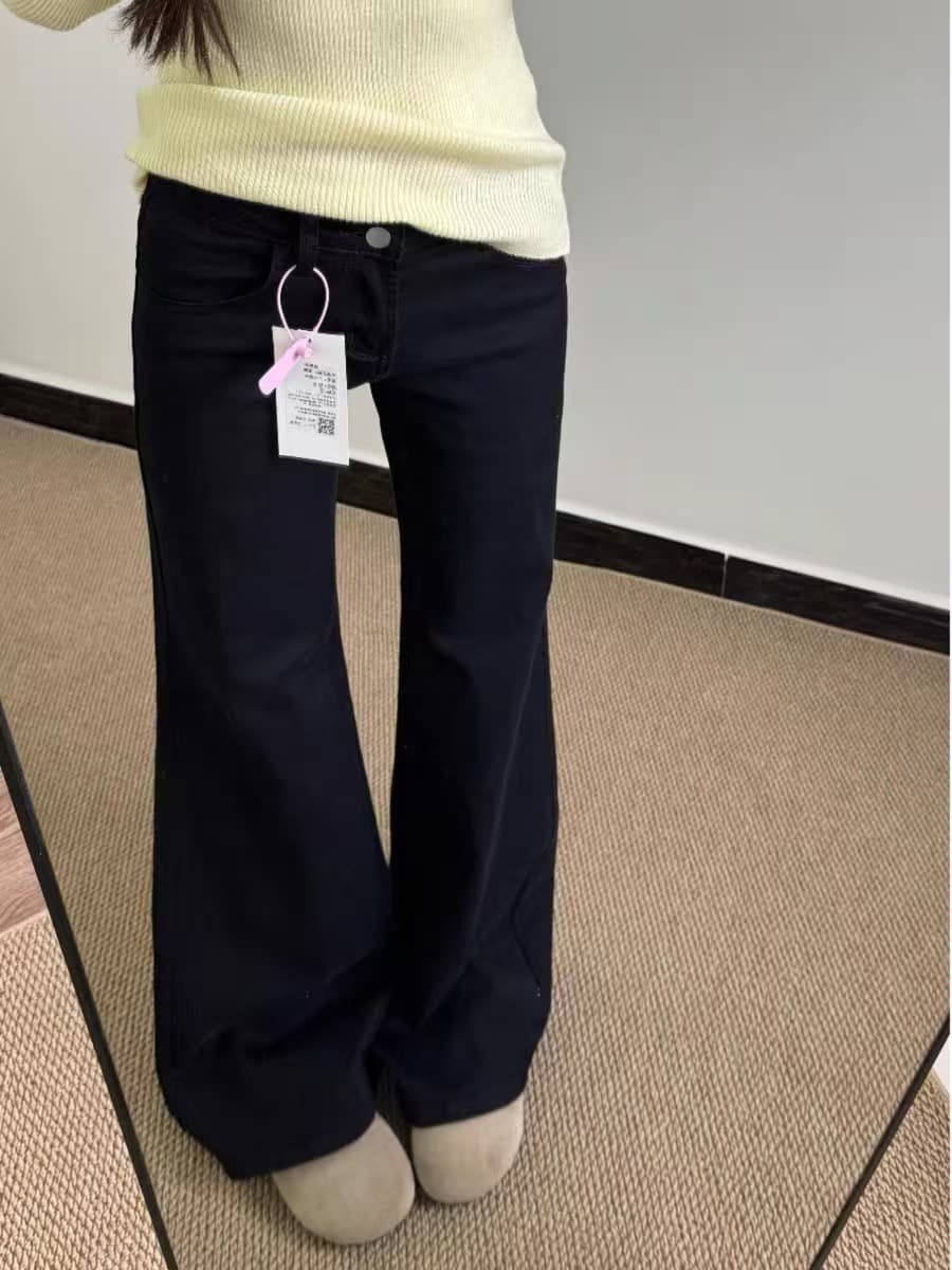 작은 키 아메리칸 검정색 부츠컷 넓은 다리 청바지 여성 로우 웨이스트 루즈핏 슬림해 보이는 나팔 바닥 청소 바지 상세 이미지 4