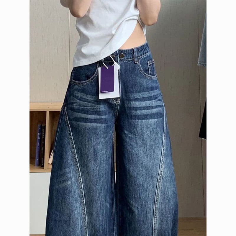 작은 키 아메리칸 레트로 넓은 다리 청바지 여성 새로운 하이웨이스트 스트레이트 루즈핏 모통이 칼 바지 이미지 2