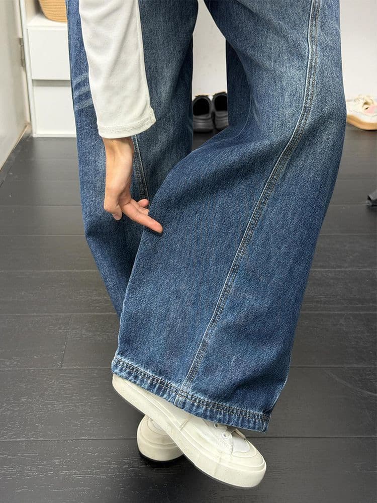 작은 키 아메리칸 레트로 워싱 모통이 칼 넓은 다리 청바지 여성 새로운 하이웨이스트 슬림해 보이는 루즈핏 도루 센스 바닥 청소 바지 이미지 3