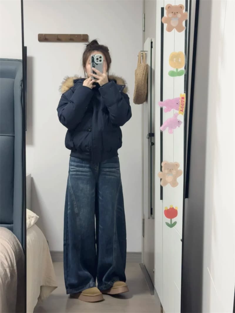 작은 키 아메리칸 높음 거리 워싱 넓은 다리 청바지 여성 새로운 하이웨이스트 루즈핏 도루 센스 스트레이트 바닥 청소 바지 이미지 4