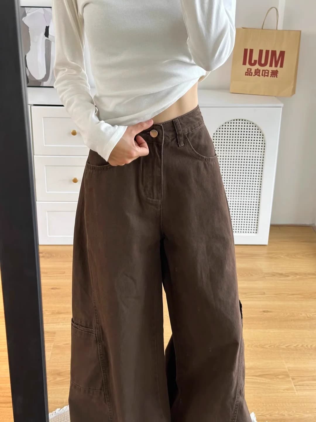 작은 키 커피 색상 레트로 캐주얼 스트레이트 워크웨어 청바지 여성 하이웨이스트 슬림해 보이는 루즈핏 넓은 다리 길이 바지 이미지 2