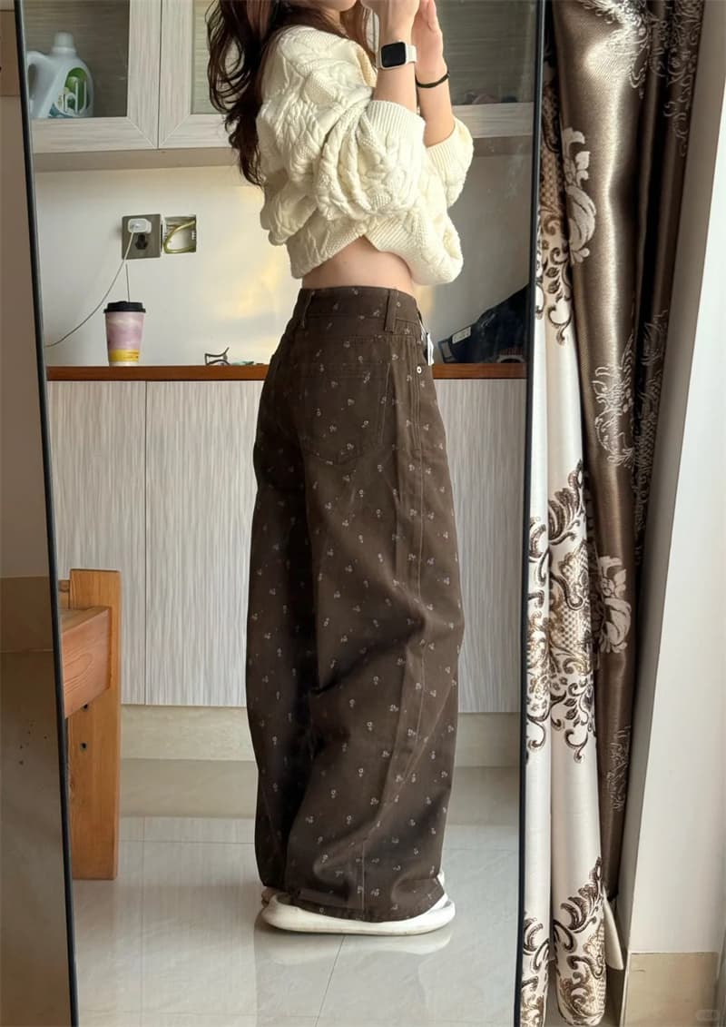 작은 키 한 부서 꽃무늬 스트레이트 청바지 여성 새로운 하이웨이스트 다용도 디자인 센스 느긋한 바람 와이드 레그 팬츠 상세 이미지 3