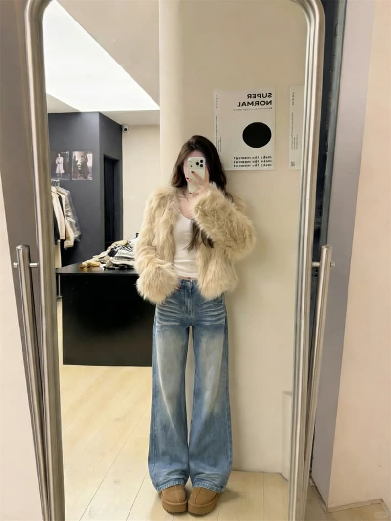 작은 키 아메리칸 주름 워싱 루즈핏 넓은 다리 청바지 여성 하이웨이스트 슬림해 보이는 스트레이트 바닥 청소 바지 상세 이미지 2