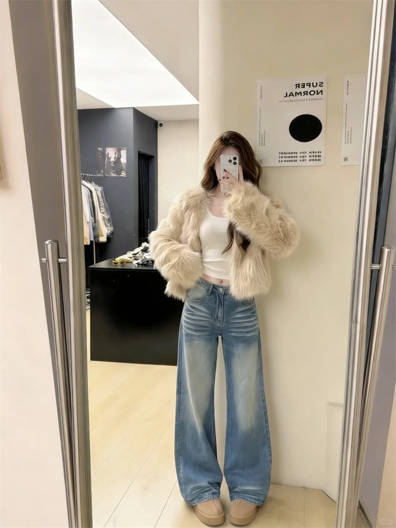 작은 키 아메리칸 주름 워싱 루즈핏 넓은 다리 청바지 여성 하이웨이스트 슬림해 보이는 스트레이트 바닥 청소 바지 상세 이미지 3