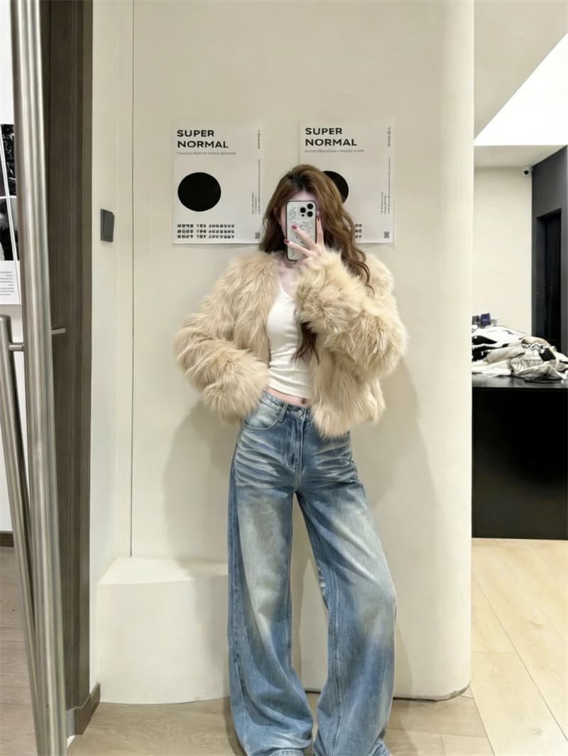 작은 키 아메리칸 주름 워싱 루즈핏 넓은 다리 청바지 여성 하이웨이스트 슬림해 보이는 스트레이트 바닥 청소 바지 상세 이미지 4