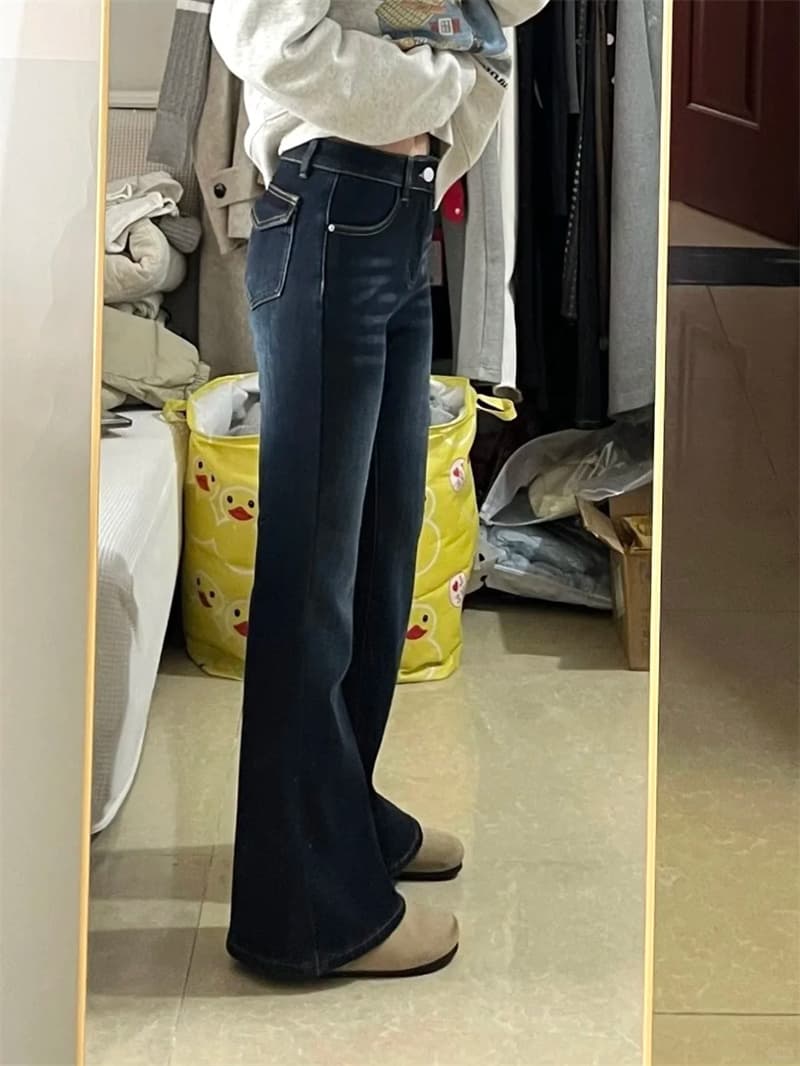 작은 키 진한 파란색 마이크로 나팔 청바지 여성 하이웨이스트 신축성 몸매 가꾸기 슬림해 보이는 바닥 청소 호스 슈 긴 바지 이미지 2