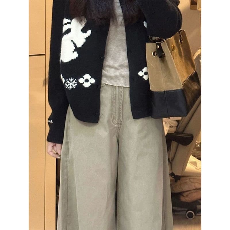 작은 키 아메리칸 레트로 카키 색 스트레이트 캐주얼 넓은 다리 청바지 여성 새로운 하이웨이스트 루즈핏 바닥 청소 긴 바지 이미지 2