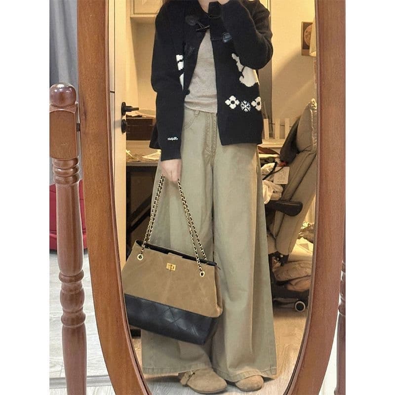 작은 키 아메리칸 레트로 카키 색 스트레이트 캐주얼 넓은 다리 청바지 여성 새로운 하이웨이스트 루즈핏 바닥 청소 긴 바지 이미지 4