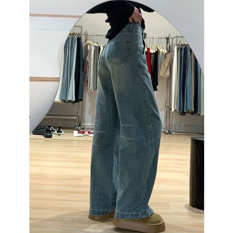 작은 키 아메리칸 레트로 워싱 넓은 다리 청바지 여성 새로운 하이웨이스트 루즈핏 슬림해 보이는 모통이 칼 스트레이트 바닥 청소 바지 이미지 3