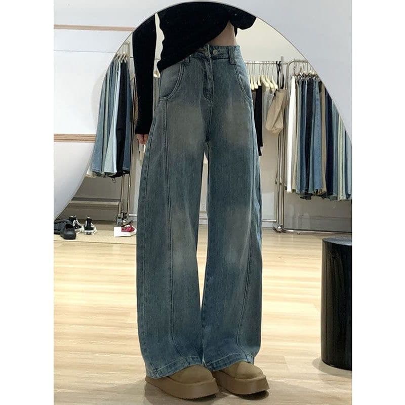 작은 키 아메리칸 레트로 워싱 넓은 다리 청바지 여성 새로운 하이웨이스트 루즈핏 슬림해 보이는 모통이 칼 스트레이트 바닥 청소 바지 상세 이미지 2