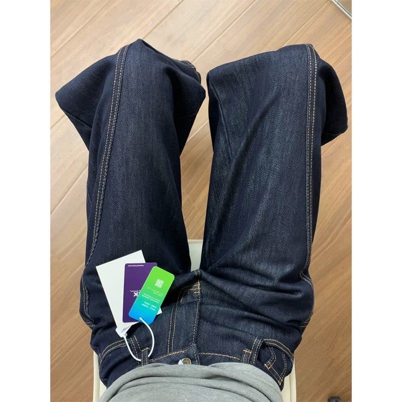 작은 키 진한 파란색 아메리칸 레트로 모통이 칼 청바지 여성 새로운 하이웨이스트 루즈핏 도루 센스 스트레이트 넓은 다리 길이 바지 상세 이미지 6