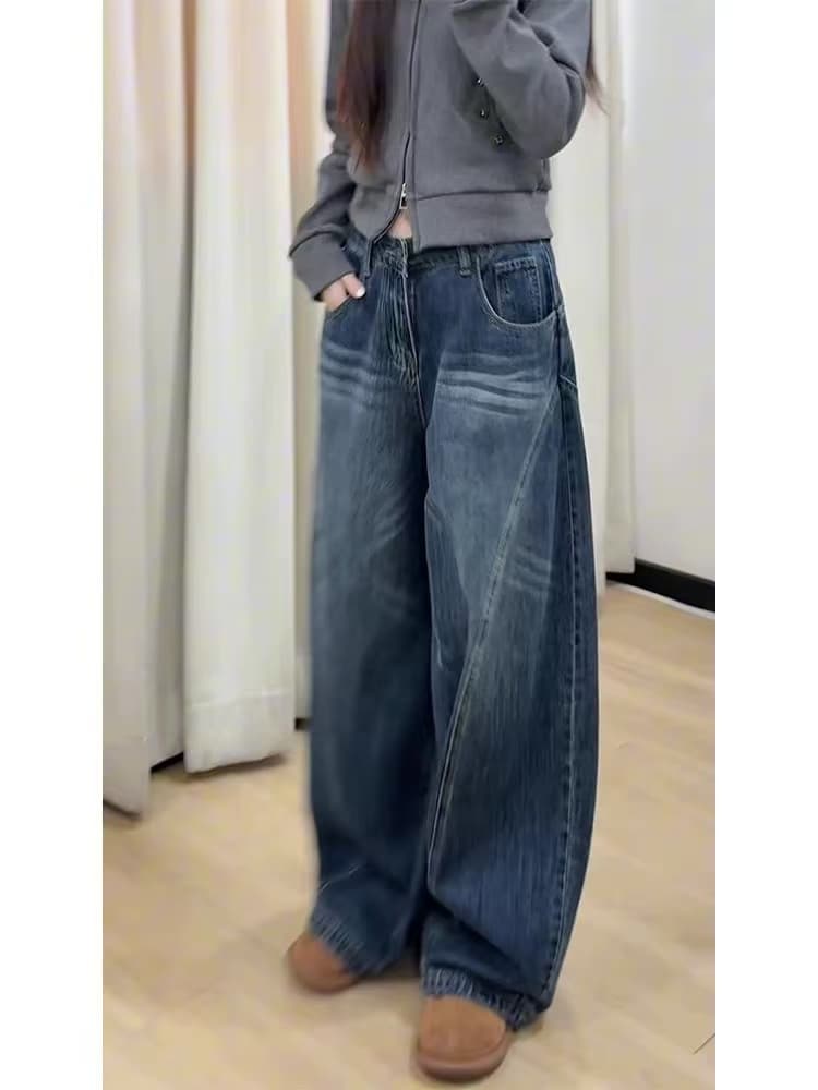 작은 키 아메리칸 레트로 모통이 칼 청바지 여성 하이웨이스트 루즈핏 슬림해 보이는 도루 센스 스트레이트 낫 바닥 청소 바지 상세 이미지 5