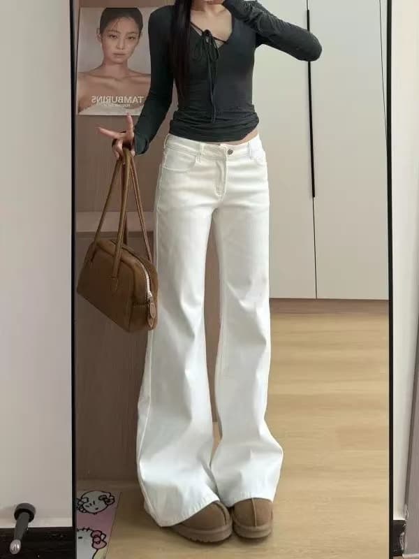 작은 키 아메리칸 부츠컷 청바지 여성 새로운 아니요 막대기 다리 핫걸 로우 웨이스트 슬림해 보이는 바닥 청소 나팔 바지 상세 이미지 2
