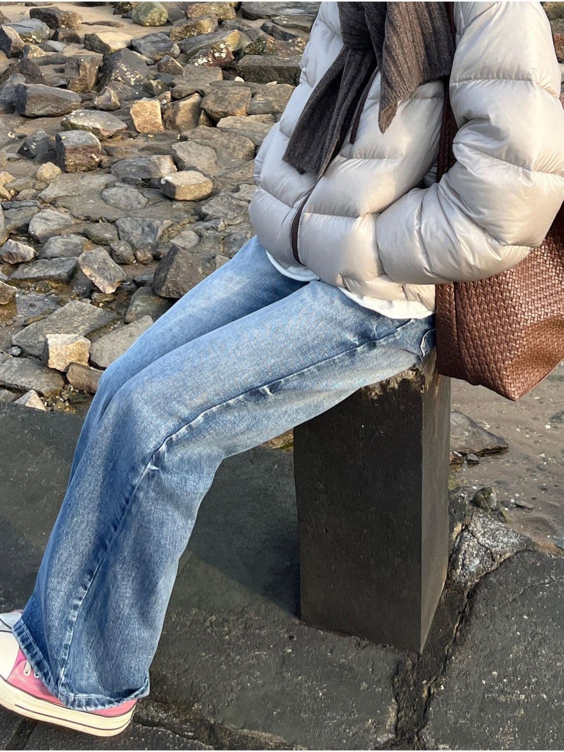 작은 키 레트로 디자인 센스 균열 부츠컷 청바지 여성 하이웨이스트 루즈핏 슬림해 보이는 나팔 넓은 다리 길이 바지 이미지 3