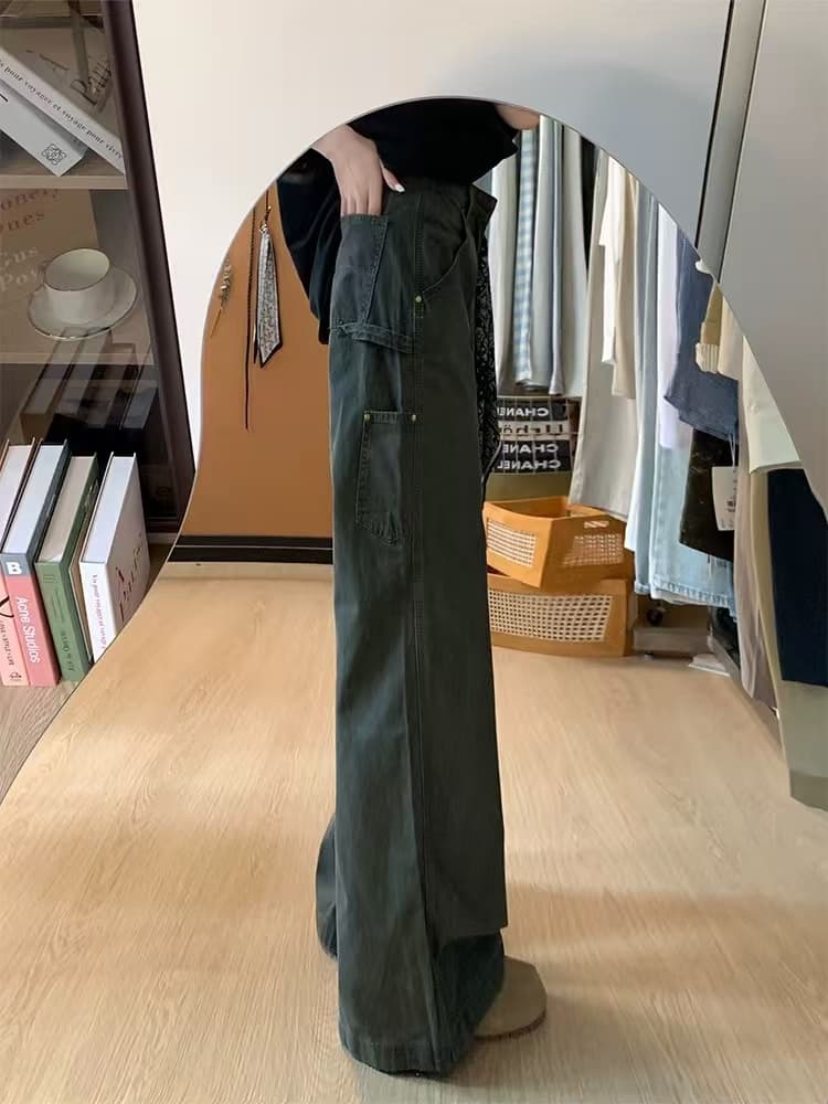 작은 키 아메리칸 군용 녹색 스트레이트 워크웨어 청바지 여성 하이웨이스트 루즈핏 슬림해 보이는 넓은 다리 길이 바지 상세 이미지 3