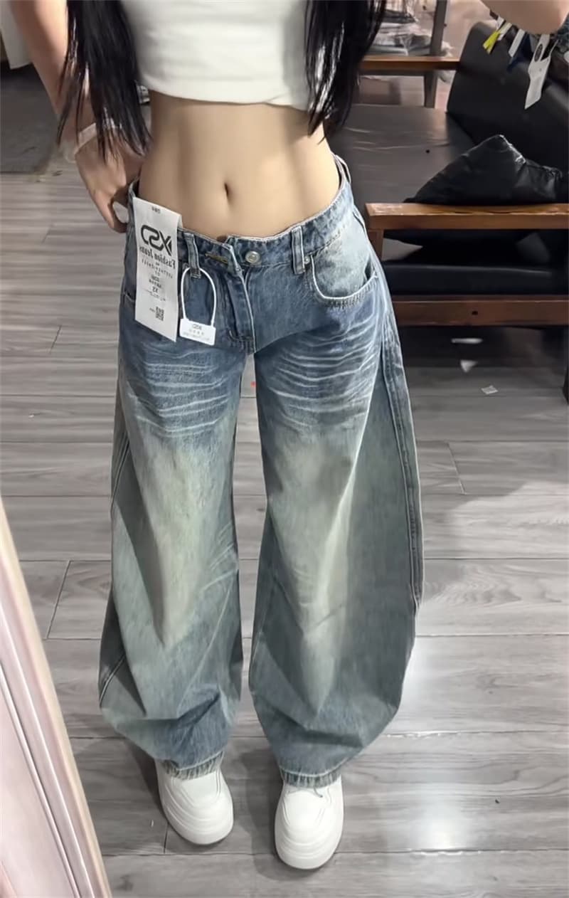 작은 키 아메리칸 레트로 워싱 마 오래된 넓은 다리 모통이 칼 청바지 여성 로우 웨이스트 루즈핏 스트레이트 바닥 청소 바지 이미지 3