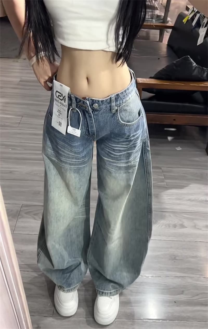 작은 키 아메리칸 레트로 워싱 마 오래된 넓은 다리 모통이 칼 청바지 여성 로우 웨이스트 루즈핏 스트레이트 바닥 청소 바지 상세 이미지 3