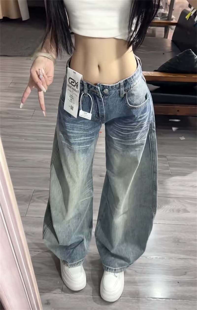 작은 키 아메리칸 레트로 워싱 마 오래된 넓은 다리 모통이 칼 청바지 여성 로우 웨이스트 루즈핏 스트레이트 바닥 청소 바지 상세 이미지 4