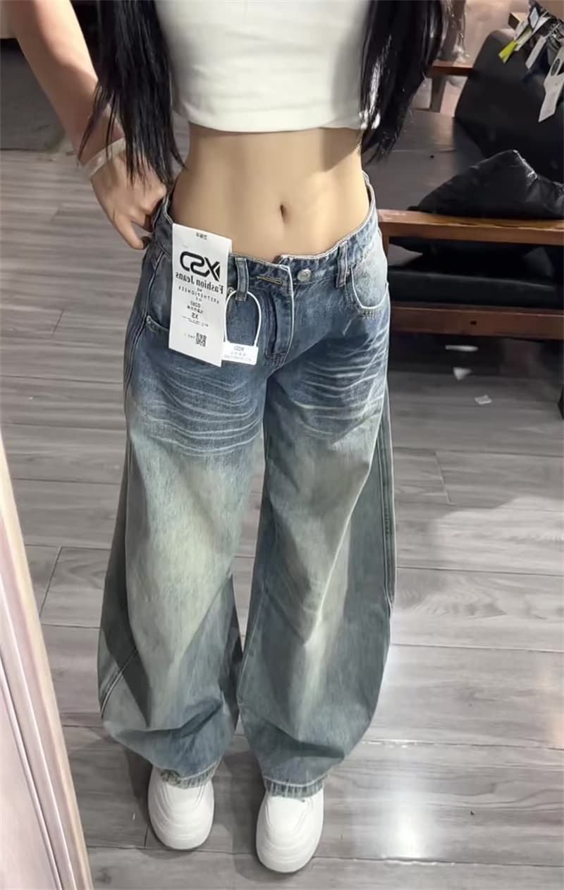 작은 키 아메리칸 레트로 워싱 마 오래된 넓은 다리 모통이 칼 청바지 여성 로우 웨이스트 루즈핏 스트레이트 바닥 청소 바지 상세 이미지 5