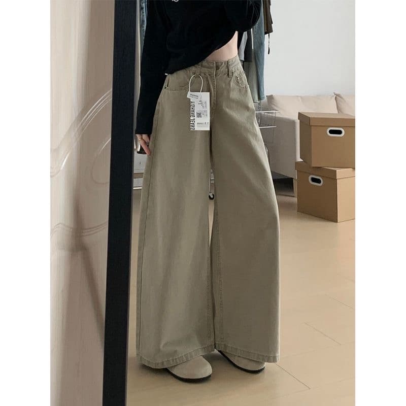 작은 키 아메리칸 레트로 워싱 카키 색 넓은 다리 청바지 여성 하이웨이스트 루즈핏 스트레이트 바닥 청소 긴 바지 상세 이미지 2