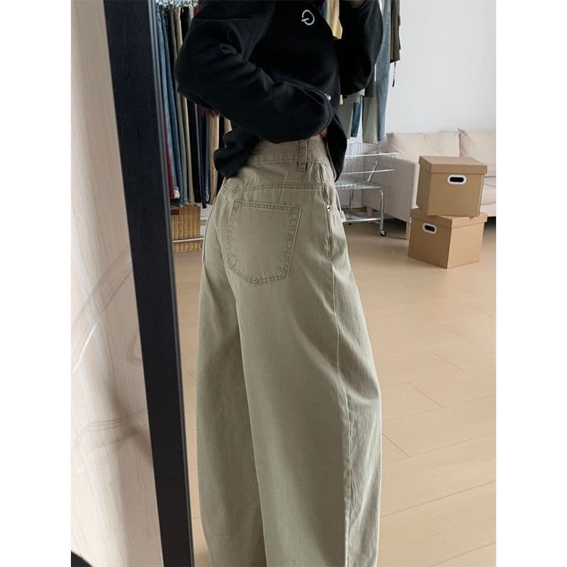 작은 키 아메리칸 레트로 워싱 카키 색 넓은 다리 청바지 여성 하이웨이스트 루즈핏 스트레이트 바닥 청소 긴 바지 상세 이미지 4