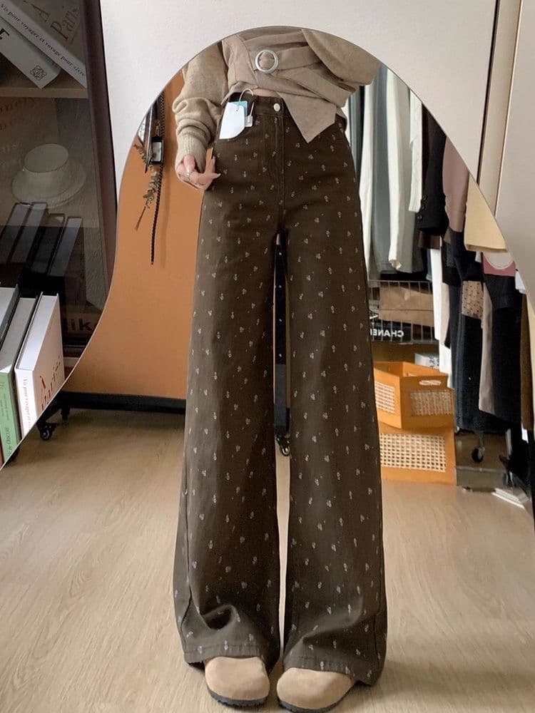 작은 키 아메리칸 레트로 꽃무늬 디자인 넓은 다리 청바지 여성 새로운 하이웨이스트 루즈핏 슬림해 보이는 스트레이트 팬츠 이미지 3