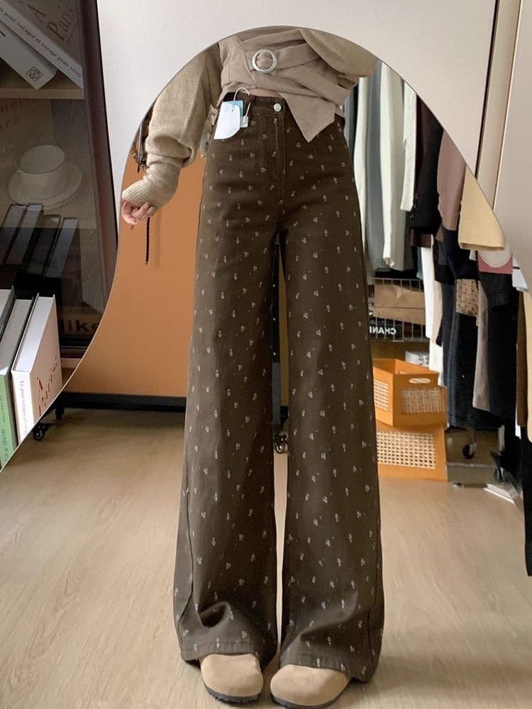 작은 키 아메리칸 레트로 꽃무늬 디자인 넓은 다리 청바지 여성 새로운 하이웨이스트 루즈핏 슬림해 보이는 스트레이트 팬츠 상세 이미지 5