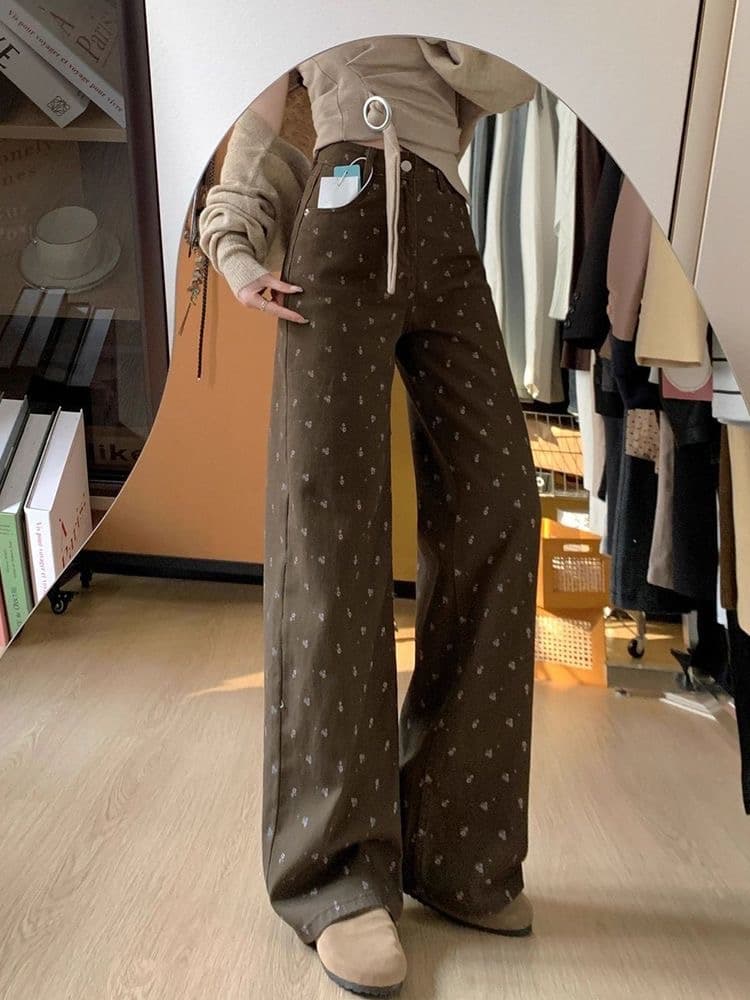 작은 키 아메리칸 레트로 꽃무늬 디자인 넓은 다리 청바지 여성 새로운 하이웨이스트 루즈핏 슬림해 보이는 스트레이트 팬츠 상세 이미지 6