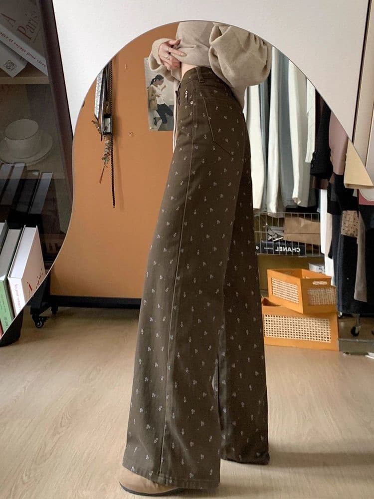 작은 키 아메리칸 레트로 꽃무늬 디자인 넓은 다리 청바지 여성 새로운 하이웨이스트 루즈핏 슬림해 보이는 스트레이트 팬츠 상세 이미지 7