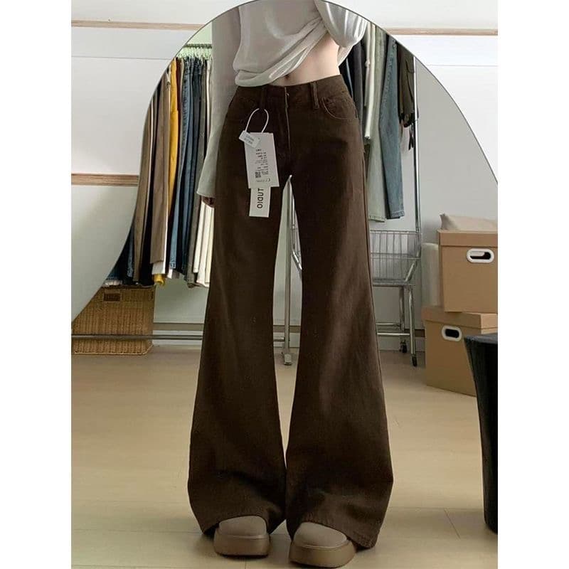 작은 키 아메리칸 핫걸 커피 색상 아니요 막대기 다리 부츠컷 청바지 여성 로우 웨이스트 루즈핏 나팔 바닥 청소 긴 바지