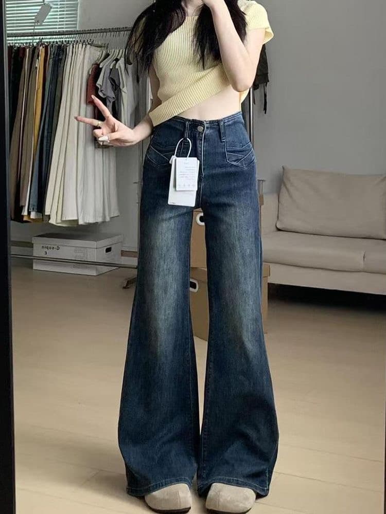 작은 키 아메리칸 핫걸 높음 거리 부츠컷 청바지 여성 하이웨이스트 새로운 다용도 슬림해 보이는 나팔 긴 바지 상세 이미지 2