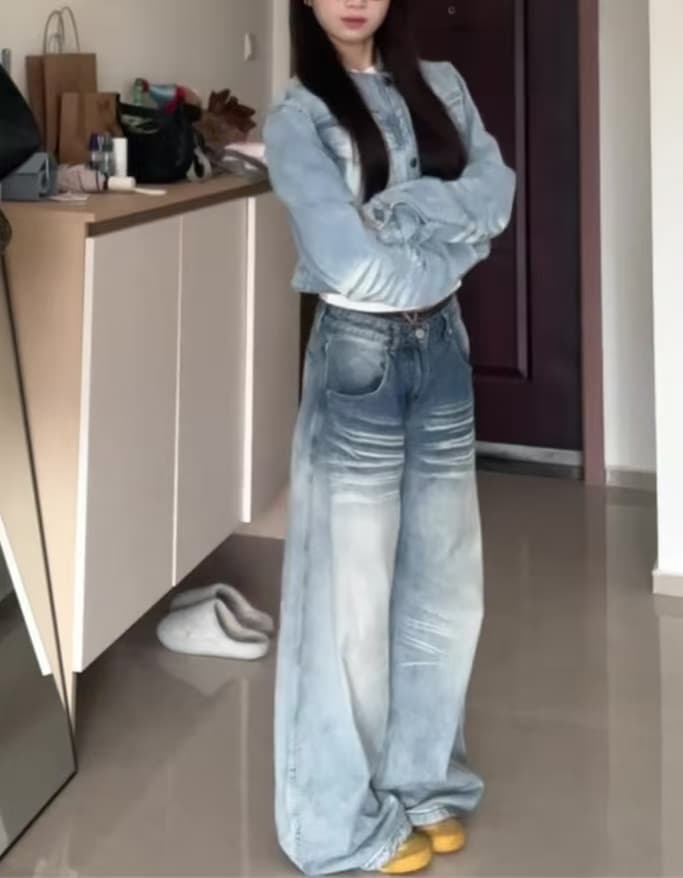 작은 키 아메리칸 레트로 워싱 마 오래된 넓은 다리 모통이 칼 청바지 여성 로우 웨이스트 루즈핏 스트레이트 바닥 청소 바지 상세 이미지 2