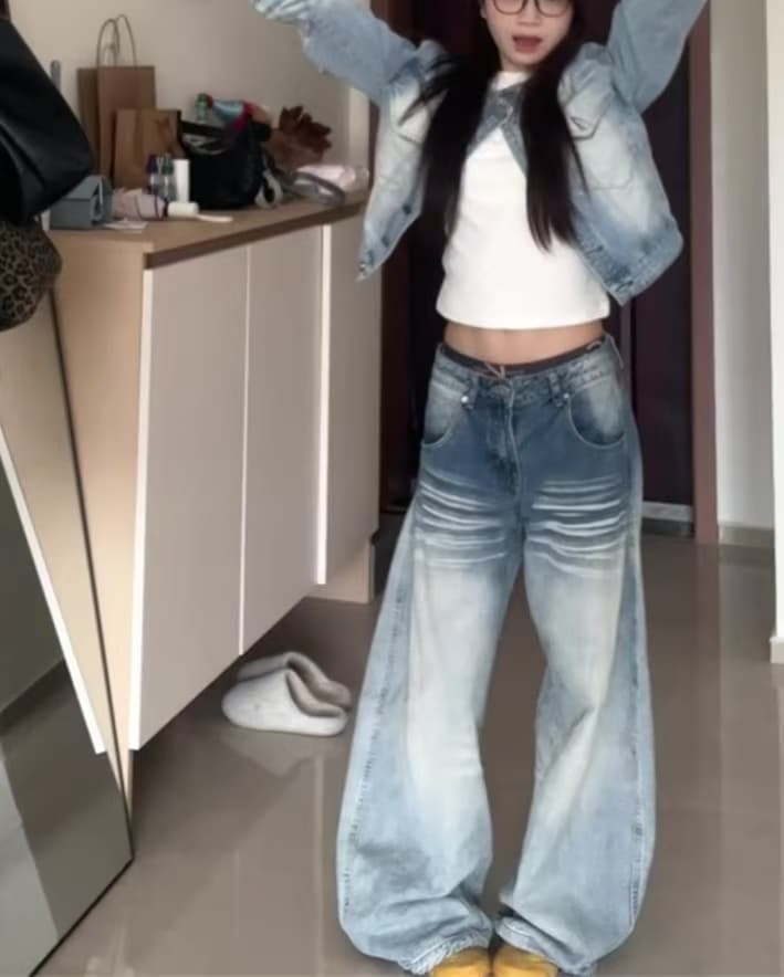 작은 키 아메리칸 레트로 워싱 마 오래된 넓은 다리 모통이 칼 청바지 여성 로우 웨이스트 루즈핏 스트레이트 바닥 청소 바지 상세 이미지 3