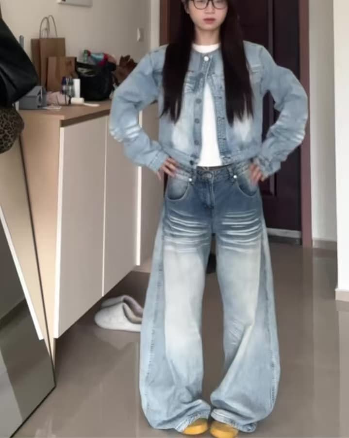 작은 키 아메리칸 레트로 워싱 마 오래된 넓은 다리 모통이 칼 청바지 여성 로우 웨이스트 루즈핏 스트레이트 바닥 청소 바지 상세 이미지 4