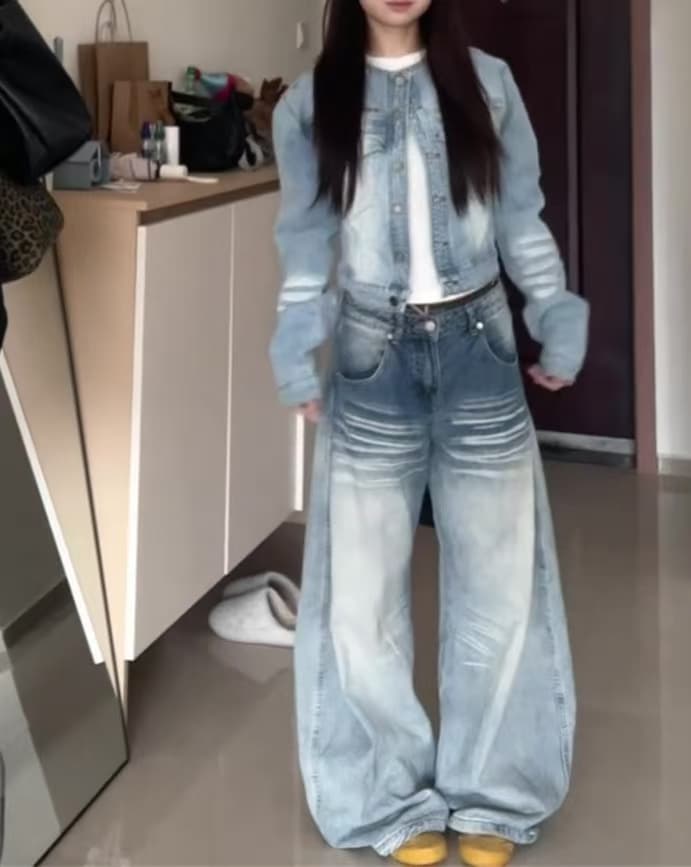 작은 키 아메리칸 레트로 워싱 마 오래된 넓은 다리 모통이 칼 청바지 여성 로우 웨이스트 루즈핏 스트레이트 바닥 청소 바지 상세 이미지 5