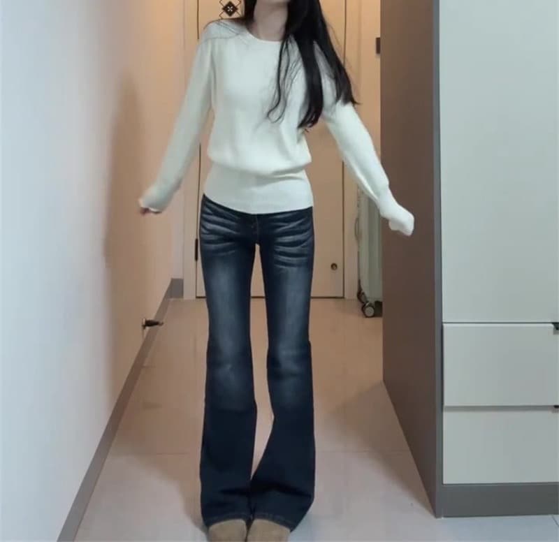 작은 키 레트로 마이크로 나팔 청바지 여성 새로운 핫걸 로우 웨이스트 몸매 가꾸기 슬림해 보이는 신축성 호스 슈 바지 상세 이미지 3