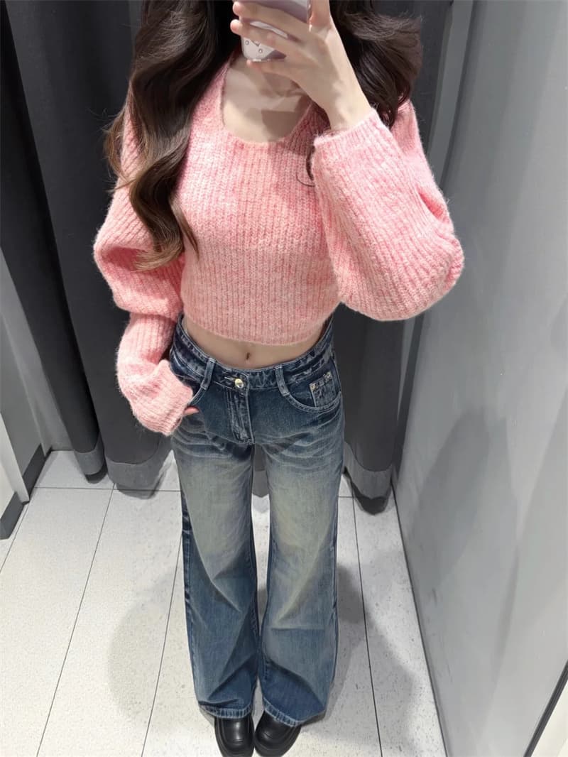 작은 키 아메리칸 워싱 레트로 나팔 청바지 여성 하이웨이스트 루즈핏 슬림해 보이는 아니요 막대기 다리 부츠컷 바지 상세 이미지 4
