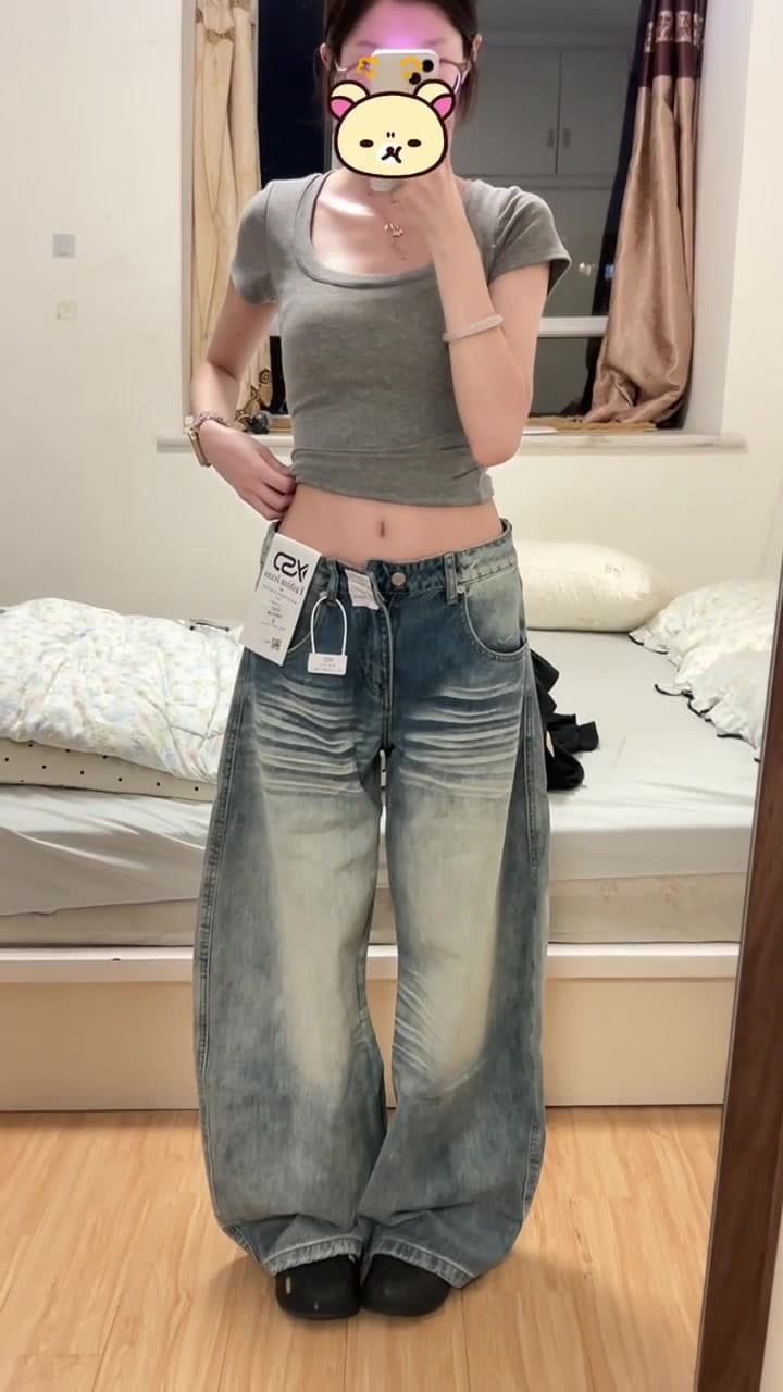 작은 키 아메리칸 레트로 주머니 자수 모통이 칼 청바지 여성 로우 웨이스트 루즈핏 슬림해 보이는 넓은 다리 바닥 청소 바지 이미지 4