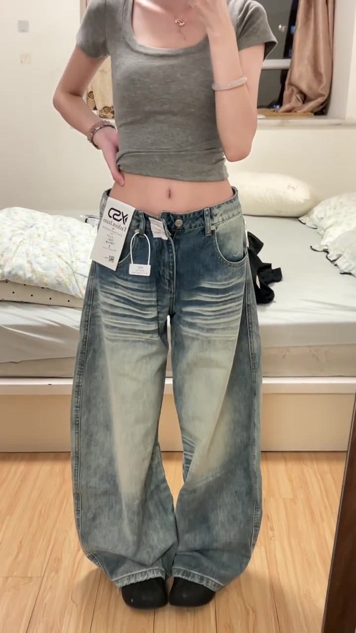 작은 키 아메리칸 레트로 주머니 자수 모통이 칼 청바지 여성 로우 웨이스트 루즈핏 슬림해 보이는 넓은 다리 바닥 청소 바지 상세 이미지 3