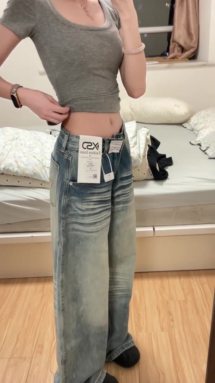 작은 키 아메리칸 레트로 주머니 자수 모통이 칼 청바지 여성 로우 웨이스트 루즈핏 슬림해 보이는 넓은 다리 바닥 청소 바지 상세 이미지 4
