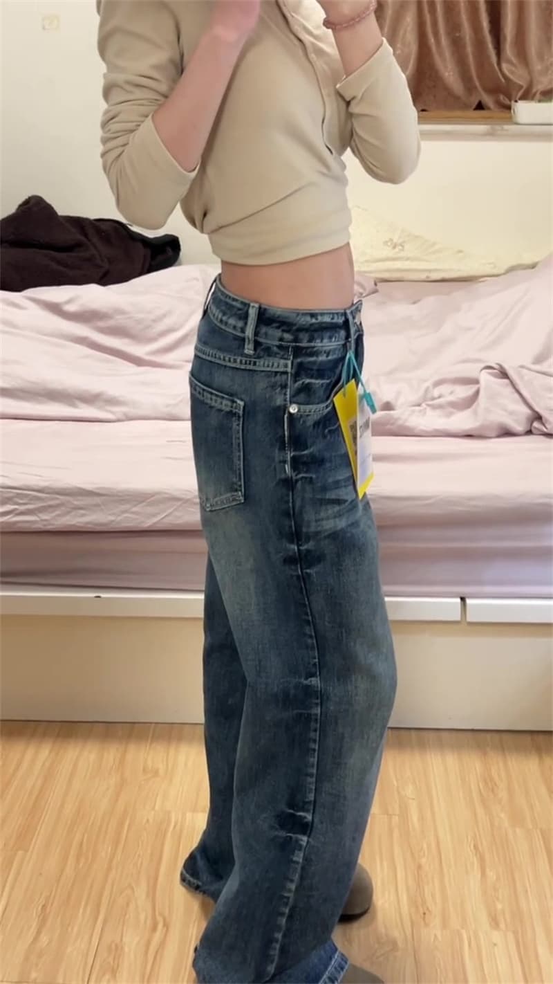 작은 키 아메리칸 레트로 부츠컷 넓은 다리 청바지 여성 하이웨이스트 슬림해 보이는 루즈핏 바닥 청소 나팔 바지 이미지 3