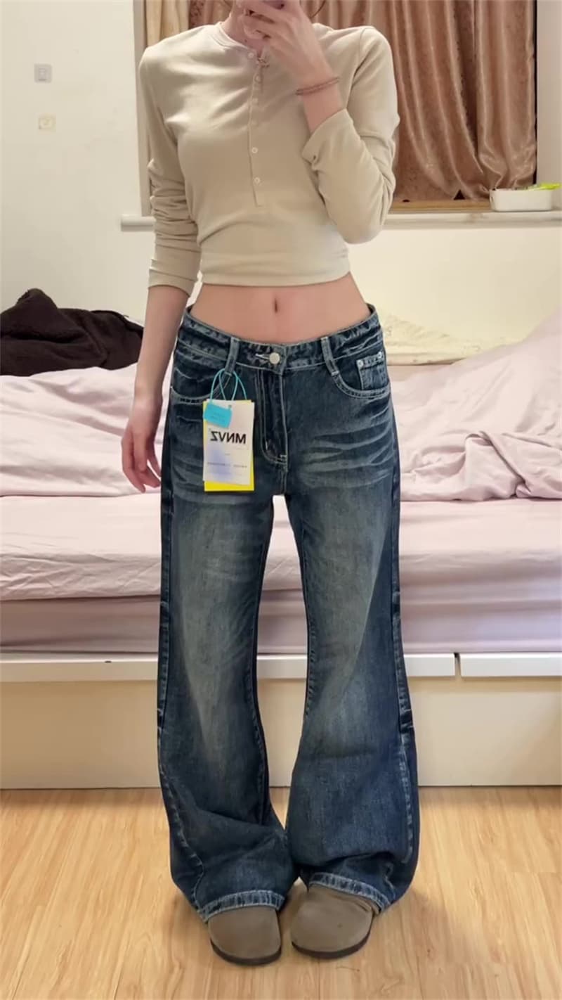 작은 키 아메리칸 레트로 부츠컷 넓은 다리 청바지 여성 하이웨이스트 슬림해 보이는 루즈핏 바닥 청소 나팔 바지 상세 이미지 2