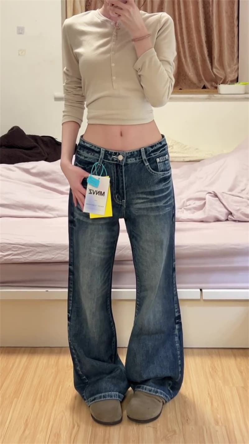 작은 키 아메리칸 레트로 부츠컷 넓은 다리 청바지 여성 하이웨이스트 슬림해 보이는 루즈핏 바닥 청소 나팔 바지 상세 이미지 3
