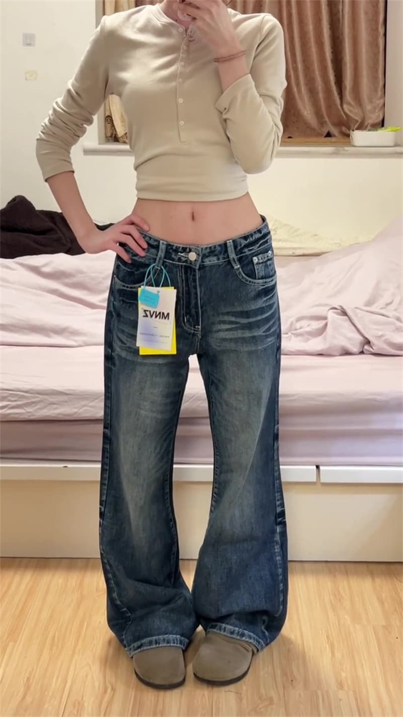 작은 키 아메리칸 레트로 부츠컷 넓은 다리 청바지 여성 하이웨이스트 슬림해 보이는 루즈핏 바닥 청소 나팔 바지 상세 이미지 5