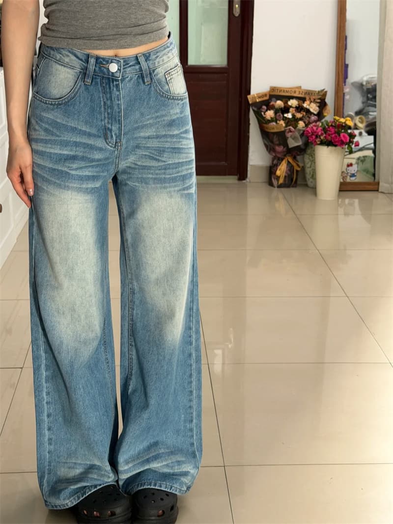 작은 키 아메리칸 주름 워싱 루즈핏 넓은 다리 청바지 여성 새로운 하이웨이스트 슬림해 보이는 스트레이트 바닥 청소 바지 상세 이미지 5