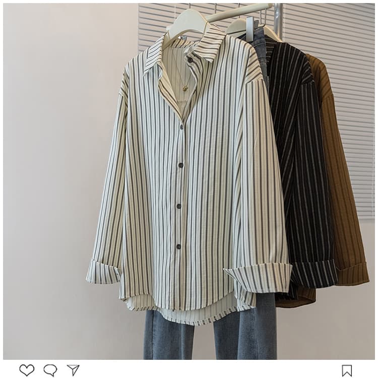 실사 빅 사이즈 여성 의류 가을 지방 mm 새로운 고급 센스 한국 스타일 캐주얼 레트로 스트라이프 재킷 셔츠 맨위 상세 이미지 10