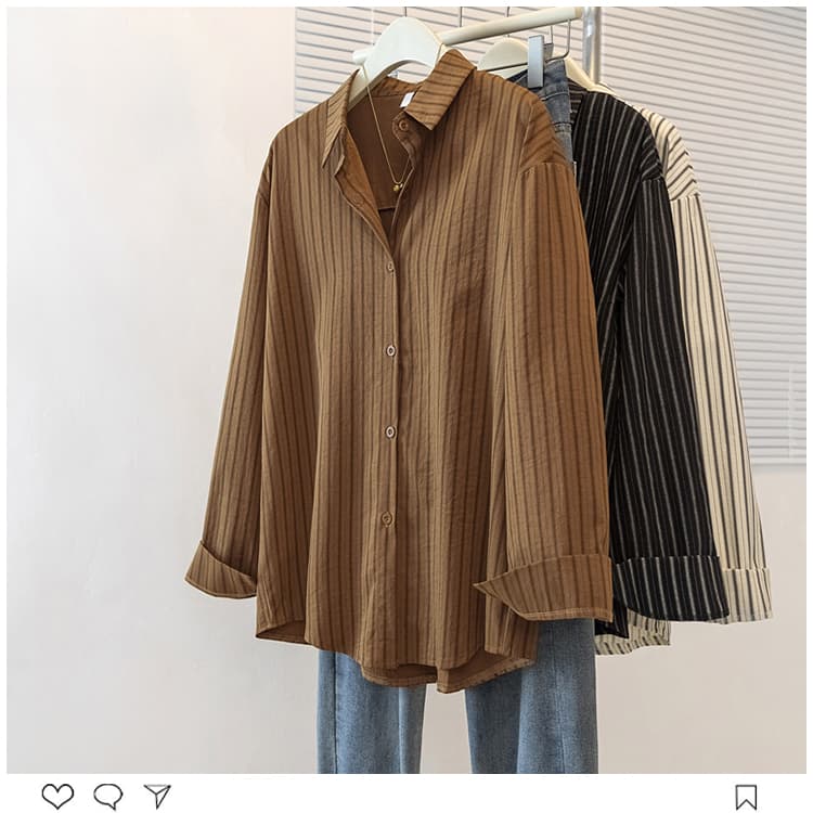실사 빅 사이즈 여성 의류 가을 지방 mm 새로운 고급 센스 한국 스타일 캐주얼 레트로 스트라이프 재킷 셔츠 맨위 상세 이미지 12